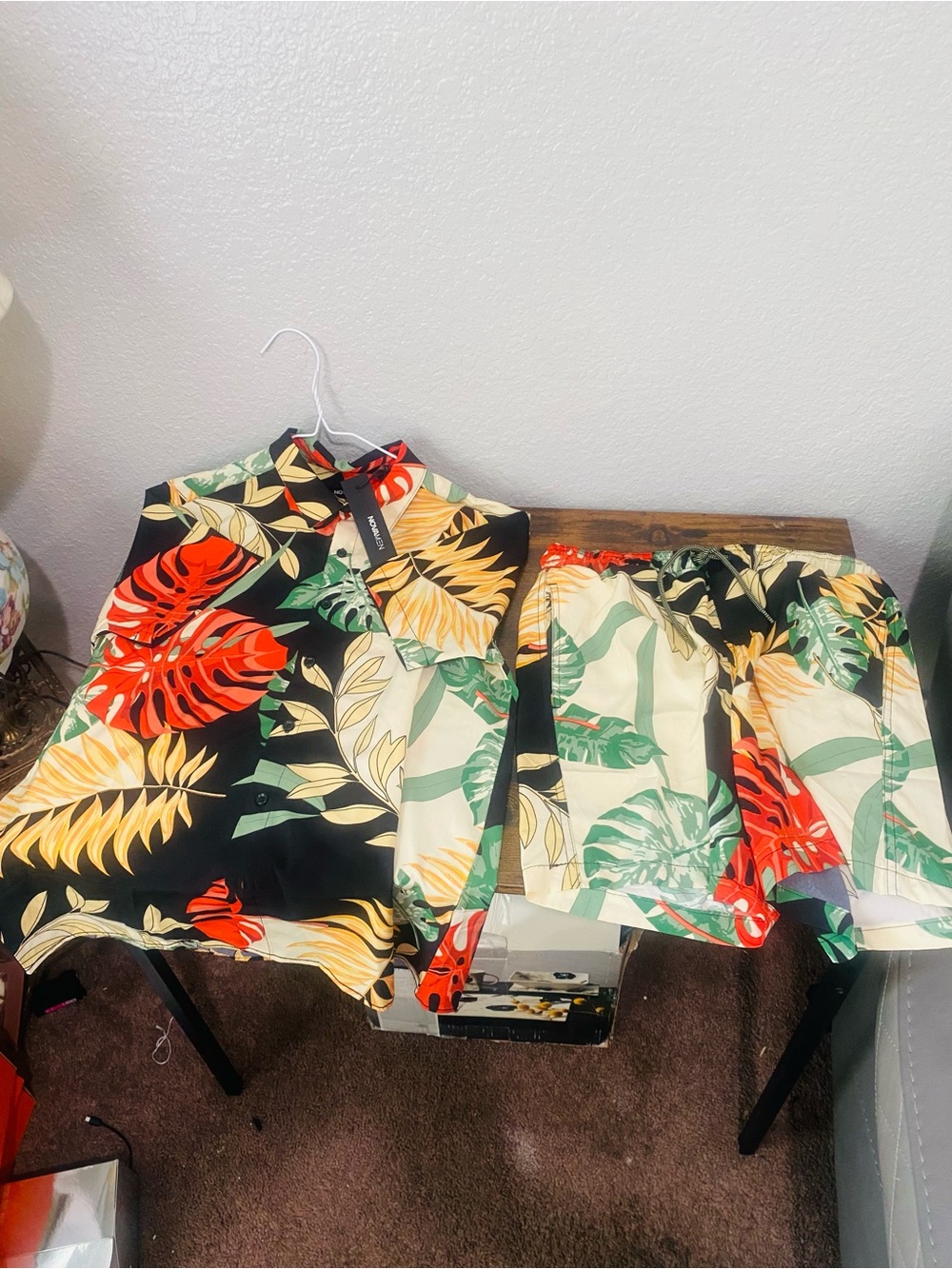 NOVAMEN Men's S Multicolor Tropical Floral Woven 2pc Shirt Shorts Set Drawstring
